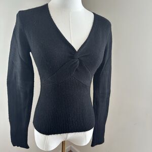 JLo by Jennifer Lopez Black Twist Front Sweater M Y2K V Neck Ribbed Fitted Top